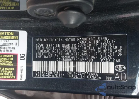 2017 Toyota Corolla Le from USA, damaged, VIN 2T1BURHE7HC827593